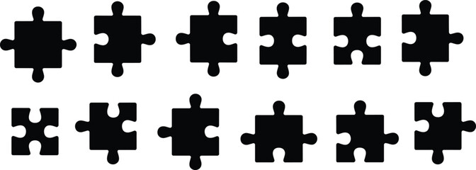 Collection of twelve unique black puzzle piece silhouettes in vector style for jigsaw games, problem‑solving, creativity, and design resources