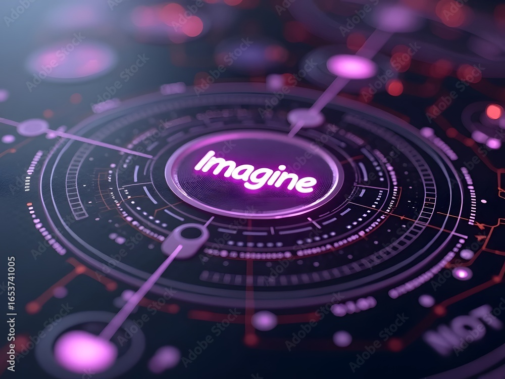Poster neon pink imagine text glows on a dark circular tech interface, horizontal composition. intricate de