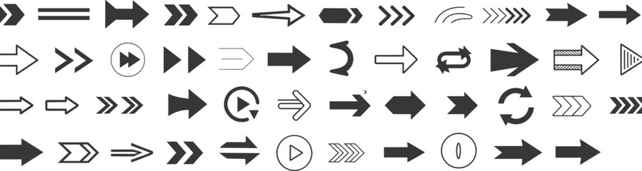 Diverse black and white arrow icons in multiple styles for navigation, direction, user interface design, and graphic elements in vector format