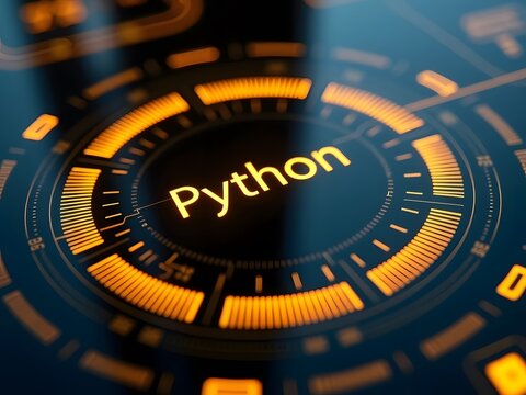 Dynamic orange hues illuminate a futuristic circular interface, horizontal composition. The word Python glows brightly at its center, creating a captivating visual for technology and coding concepts.