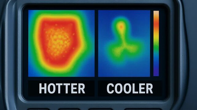 Thermal test result comparison digital screen displays heat distribution for industry temperature analysis highlighting hotter and cooler zones