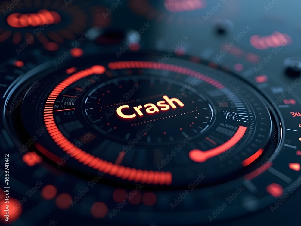 Poster futuristic red and black digital interface displays the word crash in glowing orange letters, horizo