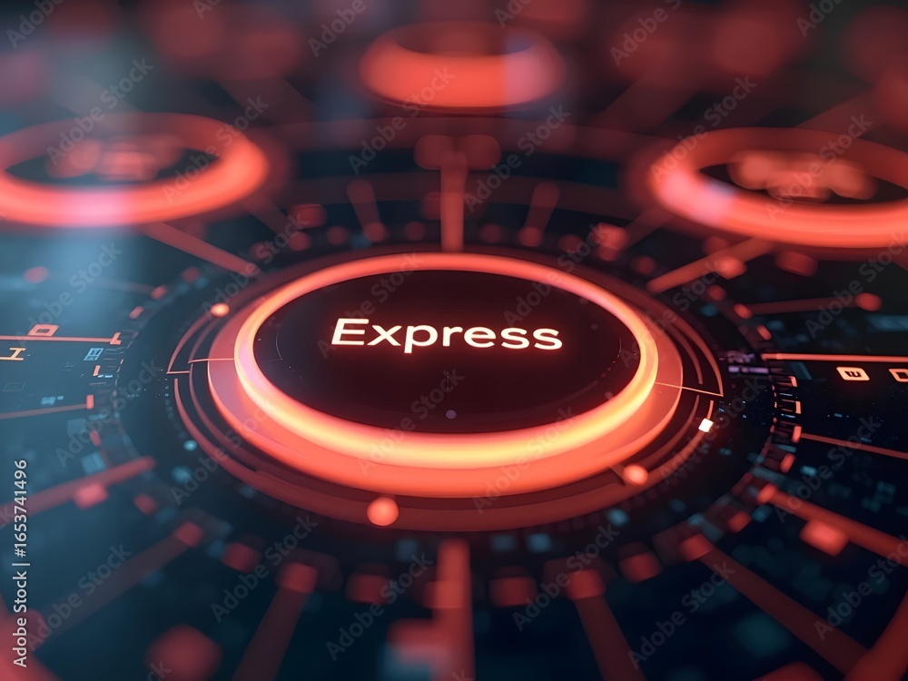 Poster red glowing interface button displays the word express, horizontal composition. this futuristic tech