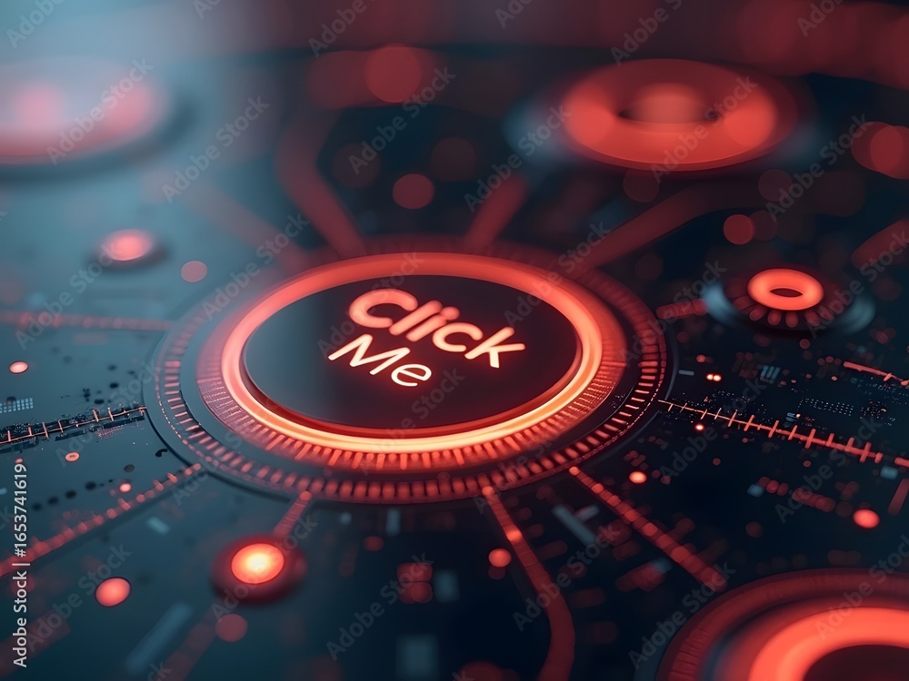 Aufkleber red glowing button with the words click me is centrally positioned, horizontal composition. this fut