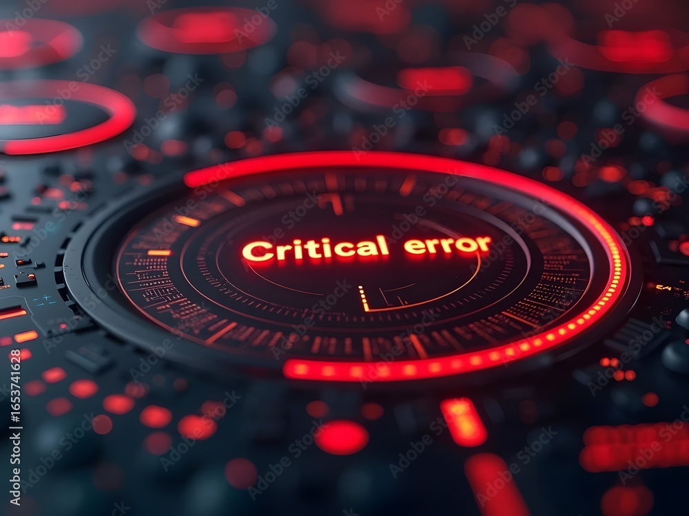 Aufkleber red glowing interface displays a critical error message, horizontal composition. futuristic technolo