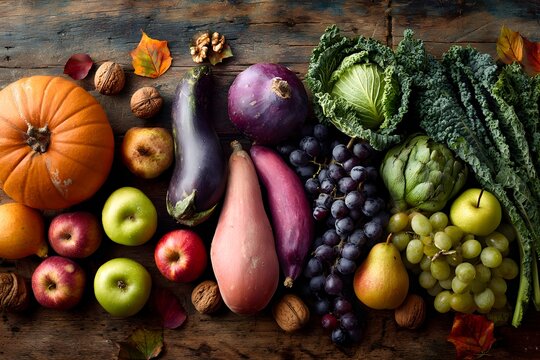 Autumn harvest bounty with pumpkins, grapes, apples, figs, and pears on a dark wood background - Powered by Adobe