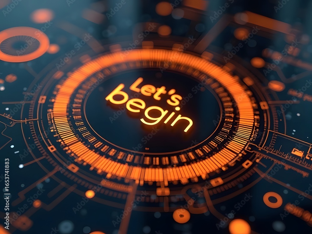 Poster orange and black futuristic interface design features a glowing lets begin message, horizontal compo