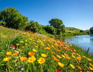 Obraz premium A tranquil summer landscape with a lake, reflecting the green trees and blue sky