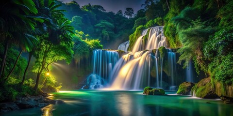 Obraz premium Philippines: night unveils a dark, moody waterfall, its water flowing smoothly amidst vibrant green nature.