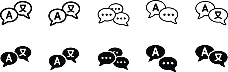 Language translation icons, chat bubble symbols, multilingual communication vector, speech dialogue signs, global conversation illustration, international message exchange, flat minimal design