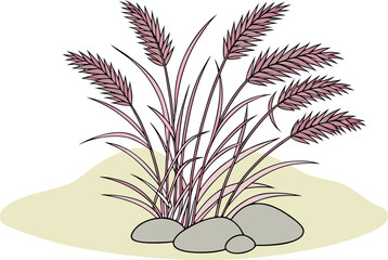 Pink Pampas Grass and Rocks on Creamy Yellow Mound plume feather