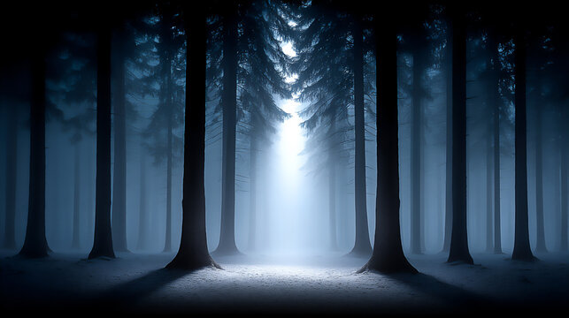 mysterious photograph of a fog-shrouded forest with tall trees and dappled light