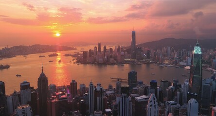Stunning Sunset Cityscape Aerial View of Harbor, Skyline Modern Architecture