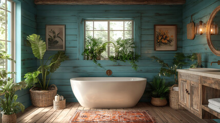 Modern coastal bathroom with natural wood finishes
