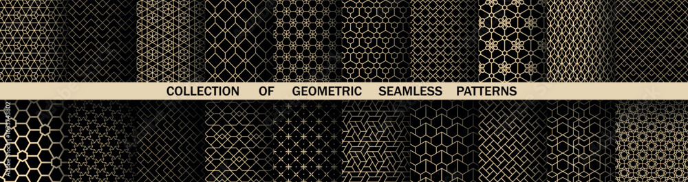 Poster geometric set of seamless black and golden patterns. simple vector graphics