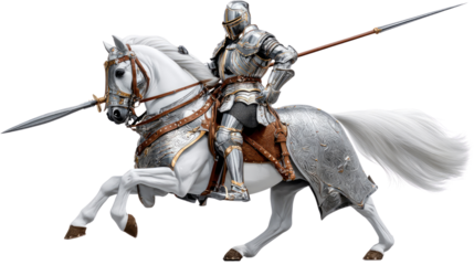 Knight on horseback: An armored knight astride a white horse, lance at the ready, embodies strength and courage in this evocative composition. 