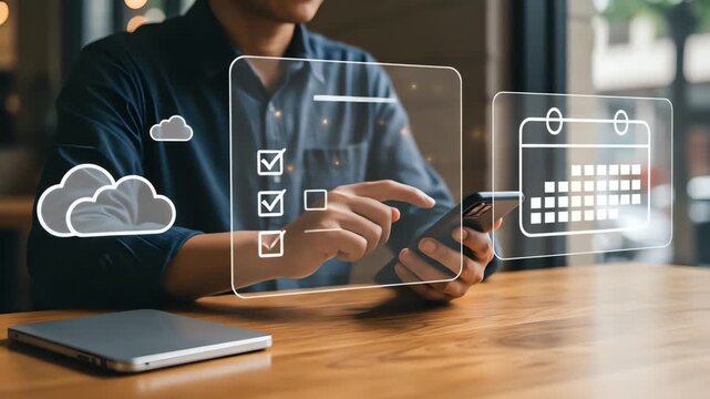 Person using smartphone with projected interface - Powered by Adobe