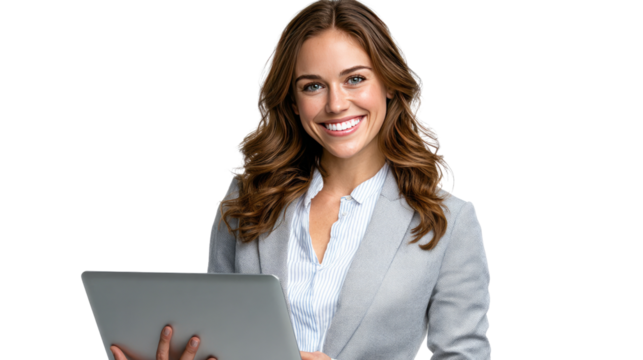 Business Professional Holding Tablet: A confident professional woman, impeccably dressed in a stylish blazer, holds a tablet with a captivating smile, embodying a modern business aesthetic. - Powered by Adobe