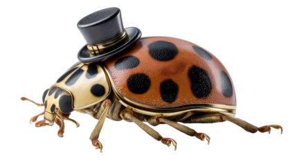 Ladybug in Miniature Hat: A charming close-up showcases a ladybug adorned with a stylish miniature top hat, adding a touch of whimsy and elegance.