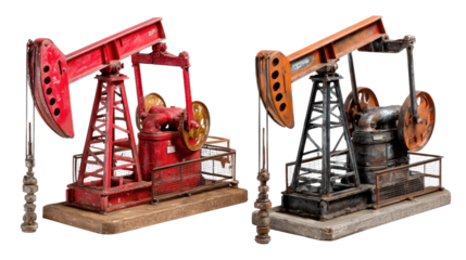 Pump Jack Duo: A pair of vintage pump jacks stand proudly in a static display, their sturdy structures telling tales of industry and the tireless efforts of extraction. The two offer a contrast.