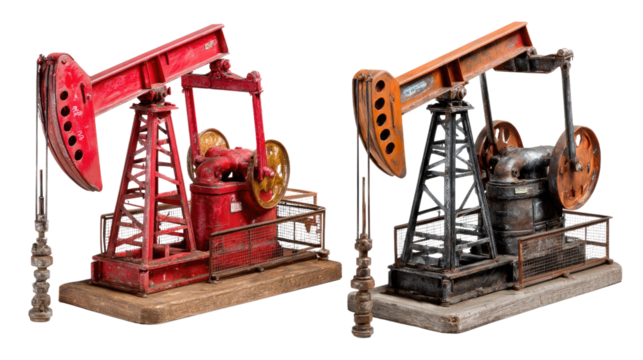 Pump Jack Duo: A pair of vintage pump jacks stand proudly in a static display, their sturdy structures telling tales of industry and the tireless efforts of extraction. The two offer a contrast.