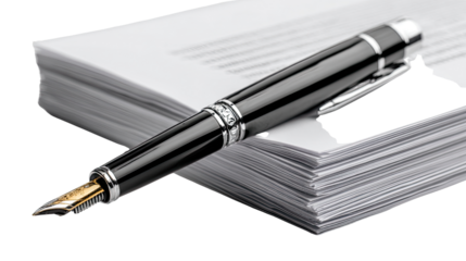 Pen and Documents: A sleek black fountain pen rests atop a stack of white documents, suggesting productivity and written communication. A timeless image to represent business.