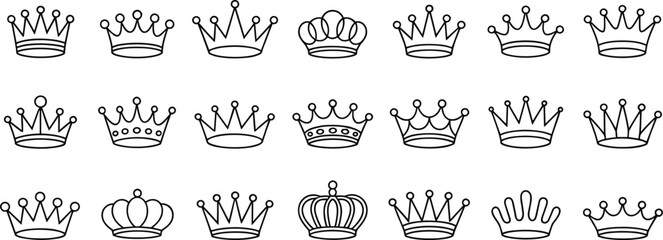 Royal crown icons set, luxury tiara collection, king queen crown outline, elegant monarchy symbols, vintage crown vector, flat line illustration