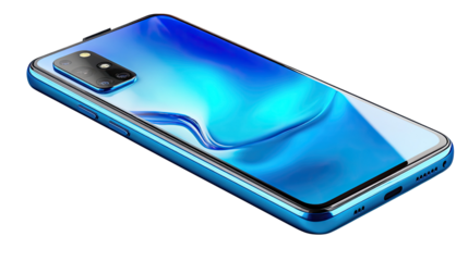 Smartphone: High-angle shot of a cutting-edge smartphone with a vibrant blue gradient screen, reflecting modernity and sleek design.