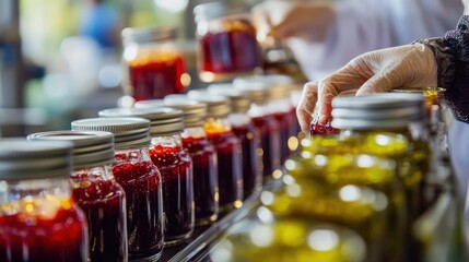 Factory line, canning jars, filling with fruit preserves, blurred background, workers