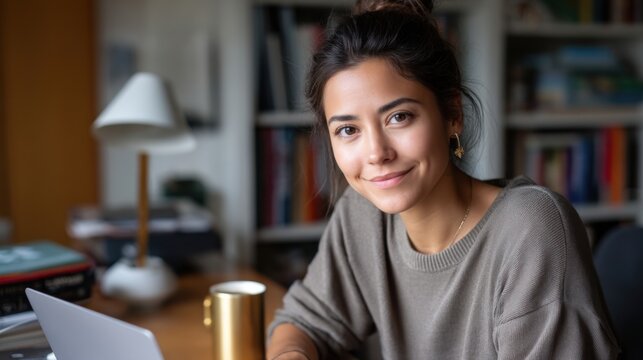 A female writer working on a laptop in an atmospheric office with books and a cup of coffee, smiling, looking at the camera