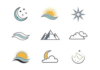 Collection of stylized weather and nature icons including sun moon clouds mountains and compass