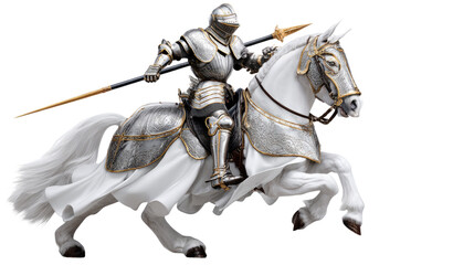 Knight's Charge on a White Horse: A valiant knight, clad in gleaming armor, charges boldly atop a majestic white steed, spear held high, embodying courage and chivalry.