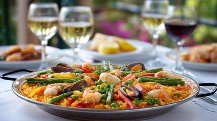 A large plate of paella with colorful vegetables, seafood, fried rice and spices on a traditional Spanish serving table. In the background are several glasses of wine and a Spanish buffet atmosphere. 
