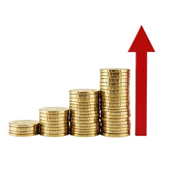 Four increasing stacks of golden coins with a prominent red arrow pointing upwards, symbolizing financial growth, investment, and success.