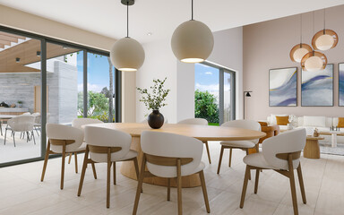 Modern home interior with dining room and luxury contemporary furniture, 3d render