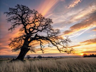 Obraz premium Majestic old oak tree silhouetted against a dramatic sunset sky
