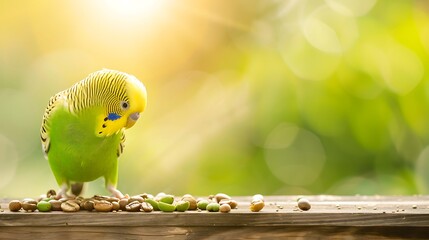 Cute green budgie bird eating seeds outdoors in sunlight