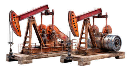 Oil Pumps in Action: A detailed view of two operational oil pumps, standing side by side, showcasing the industrial landscape, rust and weathering. 