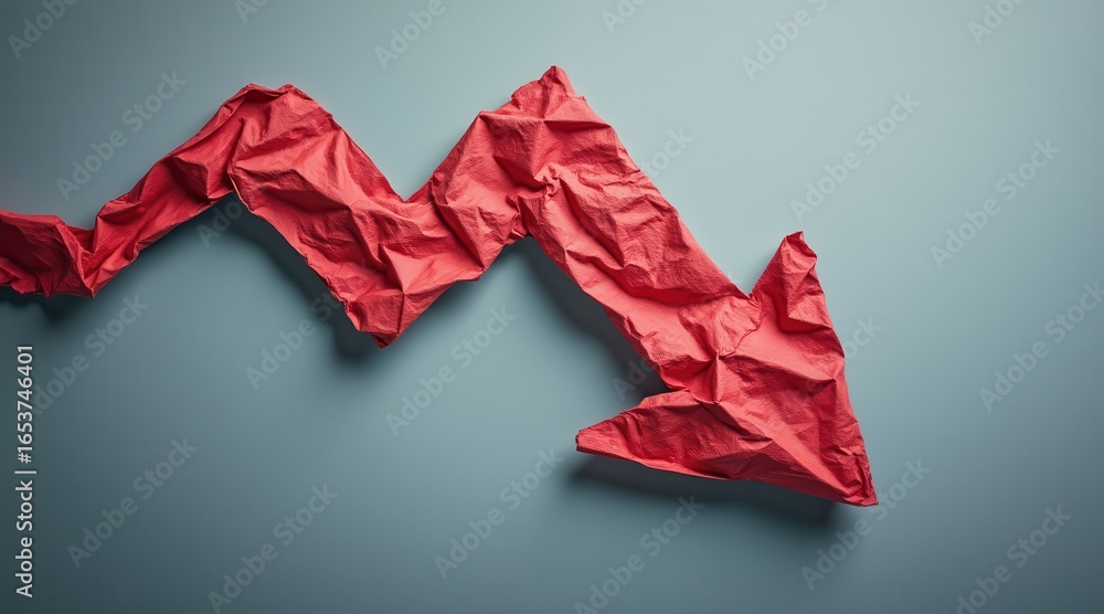 Poster stock market visual metaphor concept. crumpled red arrow pointing down on a gray background.