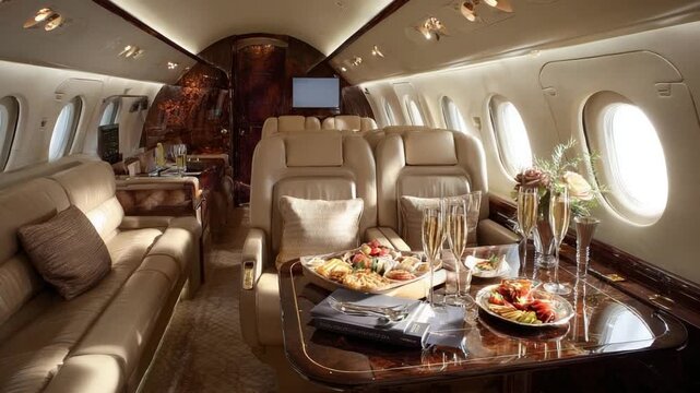Luxury airplane dining with gourmet meal