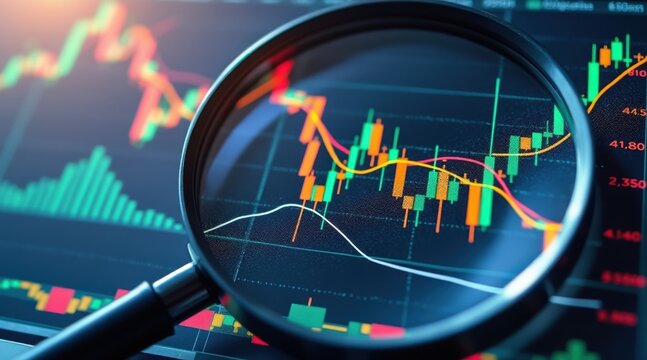 stock market visual metaphor concept. Magnifying glass over financial market data and graphs.