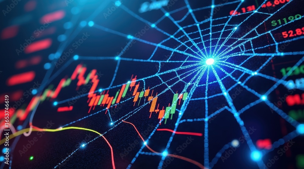 Aufkleber stock market visual metaphor concept. digital spider web with stock market data visualizations.