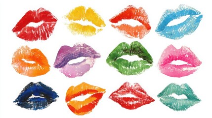 A vibrant collage of various lipstick prints in multiple colors, showcasing different styles and shapes of lips.