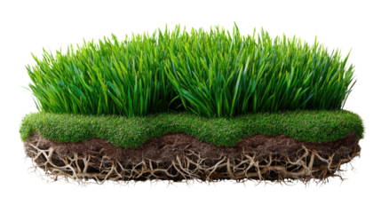 Lush Green Turf Section: An isolated, eye-level shot of a square section of fresh, verdant grass, roots and soil visible underneath.