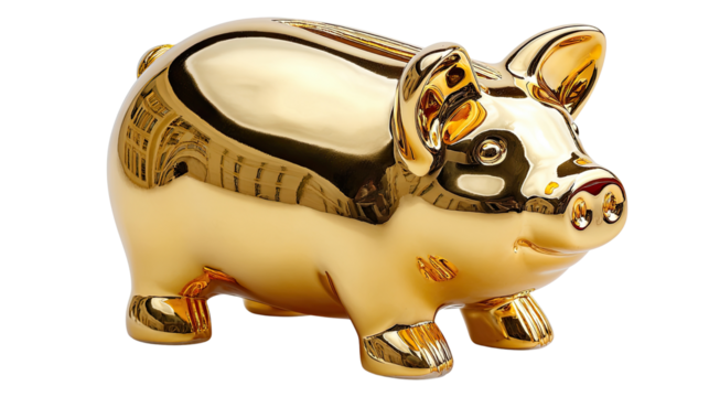 Golden Piggy Bank: A shimmering golden piggy bank gleams, embodying savings and prosperity, a visual representation of financial security, and wealth accumulation.