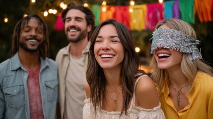 Obraz premium Adult friends celebrating birthday on the street, laughing, one of them hitting a piñata with a blindfold on, evening lights, garlands 