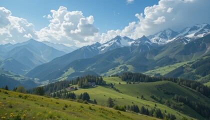 Fototapeta premium Panoramic view of a summer alpine landscape with snowy peaks, green meadows, and scattered forests under a cloudy sky