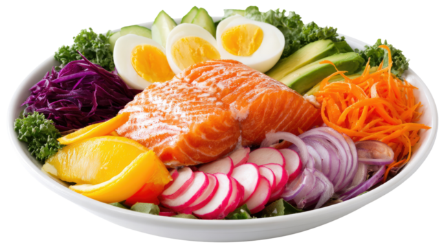 A Vibrant Salmon Salad Bowl: A visually stunning composition features a fresh salmon fillet, nestled amidst an array of colorful, crisp, and carefully arranged vegetables and boiled eggs.