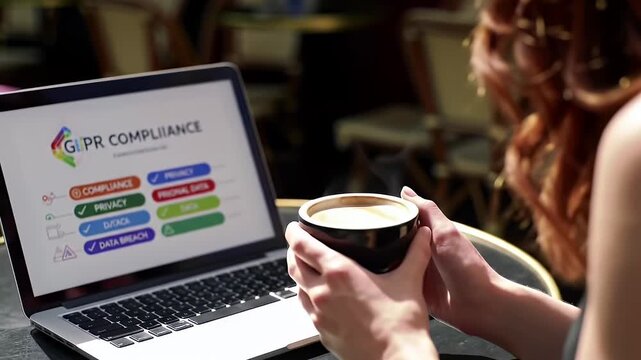 Redhead Woman Holds Coffee Cup near Open Laptop Displaying Data Compliance Information in Outdoor Cafe Setting on Sunny Day