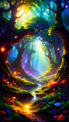 A vibrant, fantastical forest bathed in light